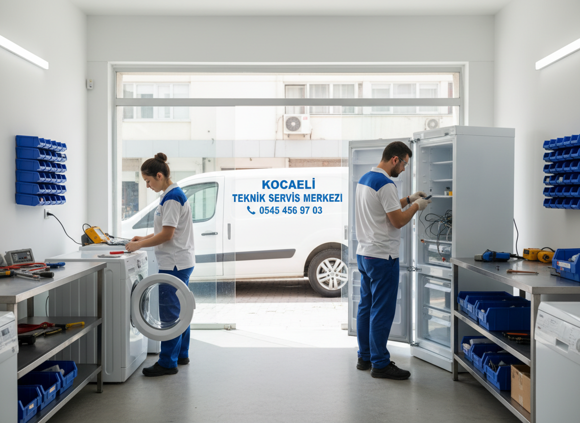 A bright, modern white goods repair shop interior in Kocaeli. In the foreground, two professional technicians (one male, one female) in clean uniforms are repairing a washing machine and a refrigerator on workbenches. Through the large shopfront window behind them, a white service van is visible parked outside. On the side of the van, in bold, clear blue lettering, it says "Kocaeli Teknik Servis Merkezi" and the phone number "0545 456 97 03". The scene looks realistic, trustworthy and corporate, with good lighting and focus on the technicians working.
